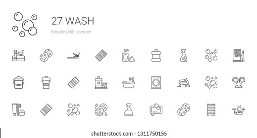 wash icons set. Collection of wash with sponge, soap, window cleaner, bubbles, beach towel, toothbrush, washing machine, bathtub, mouthwash. Editable and scalable wash icons.