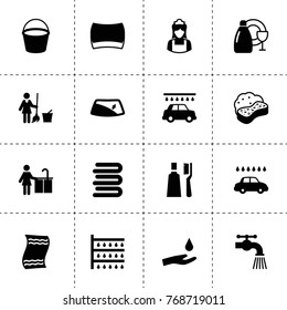 Wash icons. vector collection filled wash icons. includes symbols such as shower, window repair, water tap, sponge, drop in hand, maid. use for web, mobile and ui design.