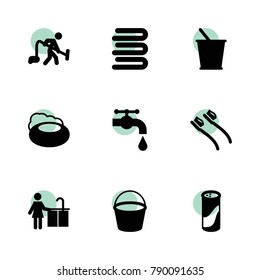 Wash icons. vector collection filled wash icons set.. includes symbols such as bucket, water tap, soap, toothbrush, cleaning powder. use for web, mobile and ui design.