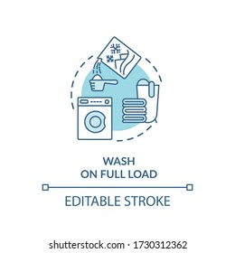 Wash laundry on full load turquoise concept icon. Washing machine usage. Electricity reduce. Resource saving idea thin line illustration. Vector isolated outline RGB color drawing. Editable stroke