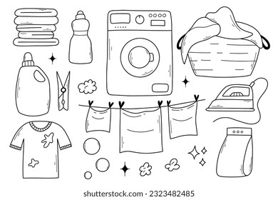 Wäsche, Wäsche, Set, Sammlung, Doodle, Vektorgrafik, Service, Illustration, Schmutzspritzer, Ausrüstung, Symbol, Kleidung, Waschmittel, Haushalt, isoliert, sauber, Design, Waschmaschine, Korb, Hand