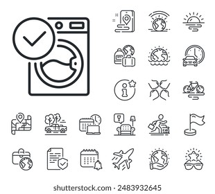 Wash laundry sign. Plane jet, travel map and baggage claim outline icons. Washing machine line icon. Washable cleaner symbol. Washing machine line sign. Car rental, taxi transport icon. Vector