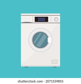 Wash machine. Close washer. Icon of laundry. Wash machine with drum, window, door, button and item panel. Washingmachine with detergent in laundering process. Home equipment in front. Vector.