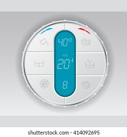Wash machine control panel with turquoise lcd showing temperature program and time