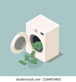 Wash machine with criminal cash money. Laundering of money in washer. Dirty money. Isometric vector illustration.