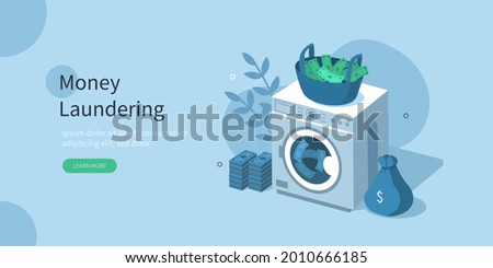 Wash machine with criminal cash money  and clotheslines with drying banknotes. Financial crime prevention and money laundering concept. Flat isometric vector illustration.