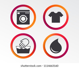 Wash machine icon. Hand wash. T-shirt clothes symbol. Laundry washhouse and water drop signs. Not machine washable. Infographic design buttons. Circle templates. Vector