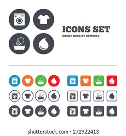 Wash machine icon. Hand wash. T-shirt clothes symbol. Laundry washhouse and water drop signs. Not machine washable. Web buttons set. Circles and squares templates. Vector