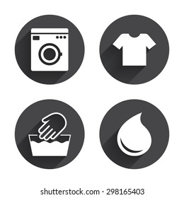 Wash machine icon. Hand wash. T-shirt clothes symbol. Laundry washhouse and water drop signs. Not machine washable. Circles buttons with long flat shadow. Vector