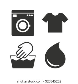 Wash machine icon. Hand wash. T-shirt clothes symbol. Laundry washhouse and water drop signs. Not machine washable. Flat icons on white. Vector