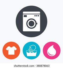 Wash machine icon. Hand wash. T-shirt clothes symbol. Laundry washhouse and water drop signs. Not machine washable. Circle flat buttons with icon.