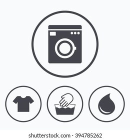 Wash machine icon. Hand wash. T-shirt clothes symbol. Laundry washhouse and water drop signs. Not machine washable. Icons in circles.