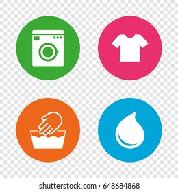 Wash machine icon. Hand wash. T-shirt clothes symbol. Laundry washhouse and water drop signs. Not machine washable. Round buttons on transparent background. Vector
