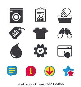 Wash machine icon. Hand wash. T-shirt clothes symbol. Laundry washhouse and water drop signs. Not machine washable. Browser window, Report and Service signs. Binoculars, Information and Download icons