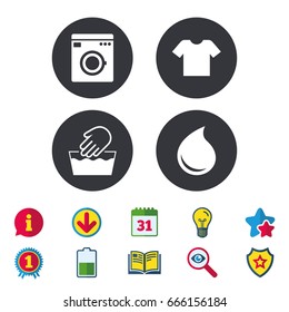 Wash machine icon. Hand wash. T-shirt clothes symbol. Laundry washhouse and water drop signs. Not machine washable. Calendar, Information and Download signs. Stars, Award and Book icons. Vector