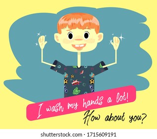 I wash my hands a lot. Cute red hair boy with clean hands in funny print t-shirt.