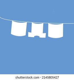 wash on a line; white pillow-cases and t-shirt hanging on a line to dry; created on a blue background in flat vector