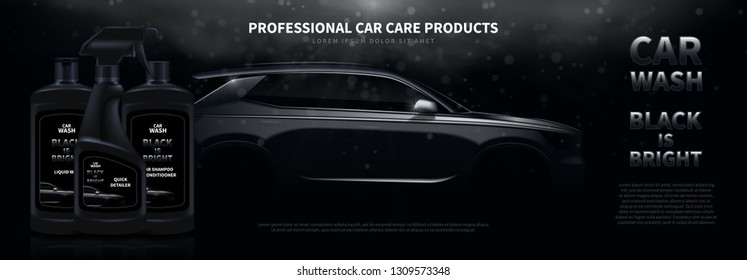 Сar wash products ads banner template. Vector illustration with shining silhouette of car on black background with light beams and effect bokeh. Bottles with different  washing products.