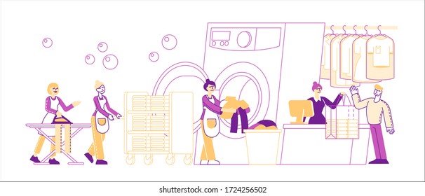Wash Service. Male and Female Characters Visiting Laundry Loading Dirty Clothes to Washing Machine, Ironing, Rolling Cart with Clean Dresses in Public Launderette. Linear People Vector Illustration
