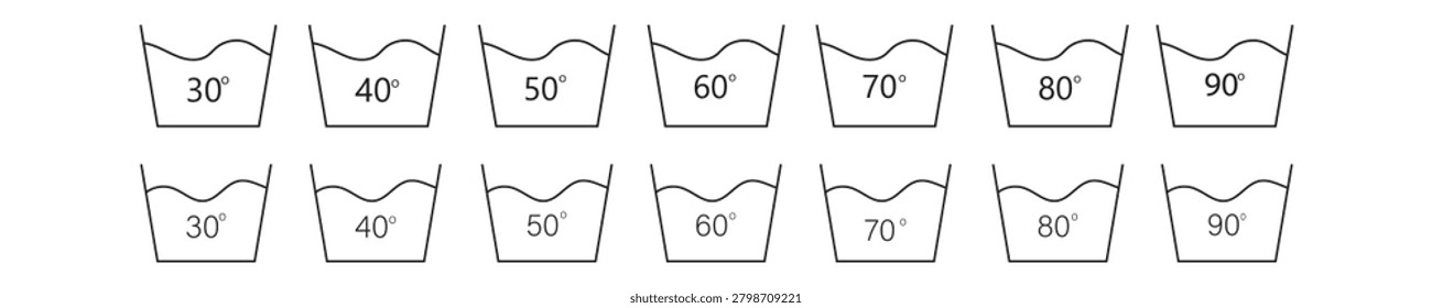 Wash Temperature Icons Set 30-80 Degrees Laundry Care Symbols. Perfect for clothing labels, textile care instructions, garment manufacturing, washing guides, packaging design, and laundry service branding.