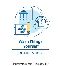 Wash things yourself concept icon. Self laundry, cleaning own clothing idea thin line illustration. Money saving tips for tourists. Vector isolated outline RGB color drawing. Editable stroke
