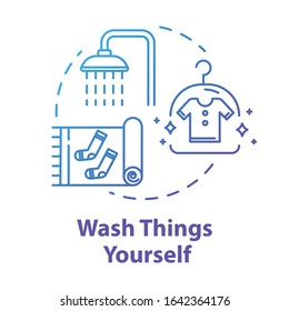 Wash things yourself concept icon. Self laundry, cleaning own clothing idea thin line illustration. Budget tourism. Money saving tips for tourists. Vector isolated outline RGB color drawing