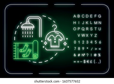 Wash things yourself neon light concept icon. Self laundry, cleaning own clothing idea. Outer glowing sign with alphabet, numbers and symbols. Vector isolated RGB color illustration