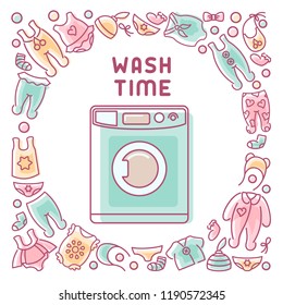 Wash time card with washing machine and clothes. Linear style vector illustration