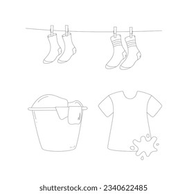 Wash. T-shirt. Doodle style style. Vector. Laundry basket. Socks. 