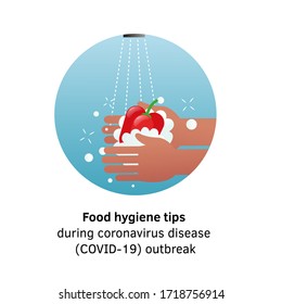 Wash vegetables. Hands holding red pepper under water tap. Arm in foam soap bubbles washing food. Vector illustration flat design isolated on background. Disinfection. Antibacterial washing.