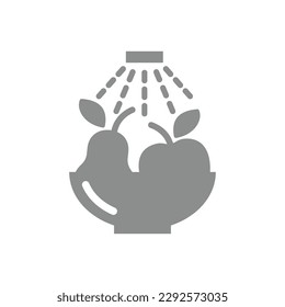 Wash well before eating fruit vector label. Water tap and fruits bawl fill icon.