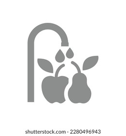 Wash well before eating vector label. Water tap and fruits fill icon.