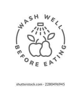 Wash well before eating vector label. Water tap and fruits line icon.