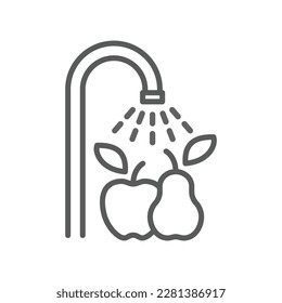 Wash well before eating vector label. Water tap and fruits line icon.