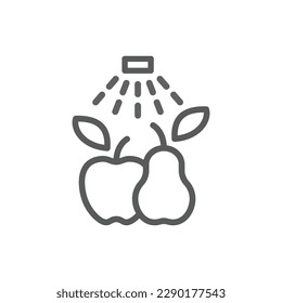 Wash well before eating vector label. Water tap and fruits line icon.