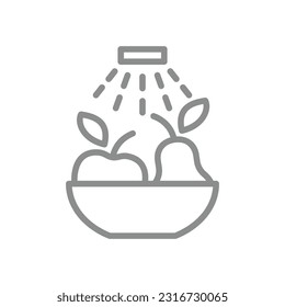 Wash well before eating vector label. Water tap and fruits washing in a bowl line icon.