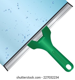 Wash the window glass by means of a scraper with a rubber surface. Vector illustration.
