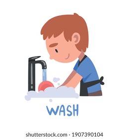 Wash Word, The Verb Expressing The Action, Children Education Concept, Cute Boy Washing The Dish Cartoon Style Vector Illustration