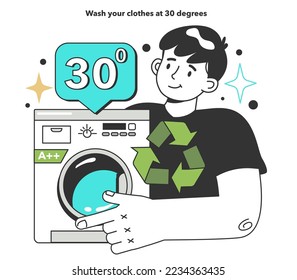 Wash your clothes at 30 degrees for energy efficiency at home. Electricity consumption expenses. Inflation or economic recession effect. Flat vector illustration