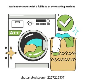 Wash your clothes with a full load of the washing machine for energy efficiency at home. Electricity consumption expenses. Inflation or economic recession effect. Flat vector illustration