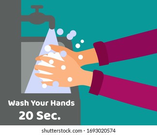 Lávate la mano 20 segundos. para proteger del concepto de virus, estilo vectorial de caricatura para su diseño	