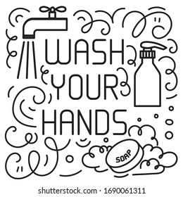 Wash your hand concept. Hand drawn doodles elements such hand sanitizer gel and soap. Vector lettring. Coronavirus campaign Wash your hand concept.