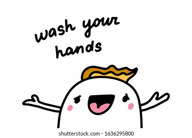 Wash your hand drawn vector illustration in cartoon comic style happy man with clean arms virus protection care poster
