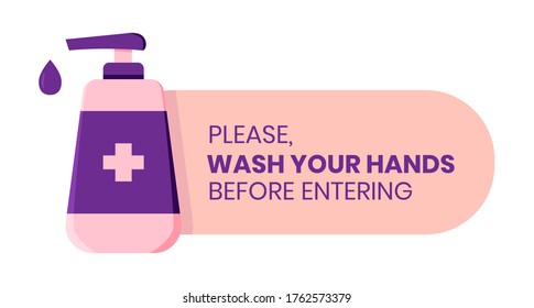 Wash your hand flat style vector sign with hand soap bottle illustration. Vector sign icon sticker