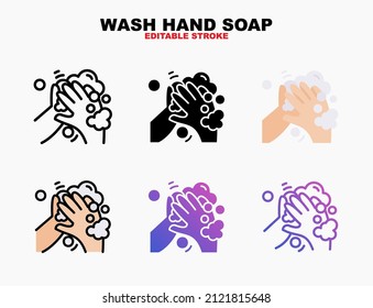 Waschen Sie Ihre Hand Seife Reinigung Symbol Linie, Umriss, flach, Glyphe, Farbe, Farbverlauf. Bearbeitbarer Strich und Pixel perfekt. Kann für digitale Produkte, Präsentationen, Print-Design und mehr verwendet werden.
