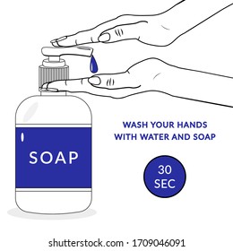 Wash your hand with water and soap icon. Wash Your Hands 30 seconds. Vector illustration isolated on white background. Personal hygiene. Disinfection, skin care. Antibacterial washing svg