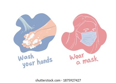 Wash your hand, wear a mask, stay safe, vector illustration for graphic design
