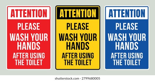 Wash Your Hands After Using Toilet Label. Bathroom Hygiene Reminder Sign. Hand Washing Notice Symbol. Restroom Sanitation Safety Sticker. 