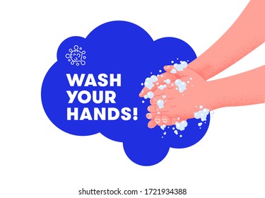 WASH YOUR HANDS in bathroom vector illustration template! Washing hands rubbing with soap for covid-19 prevention to stop spreading diseases. Hygiene is important.