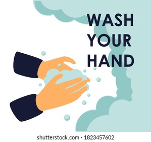 WASH YOUR HANDS in bathroom vector illustration template! Washing hands rubbing with soap for covid-19 prevention to stop spreading diseases. Hygiene is important.